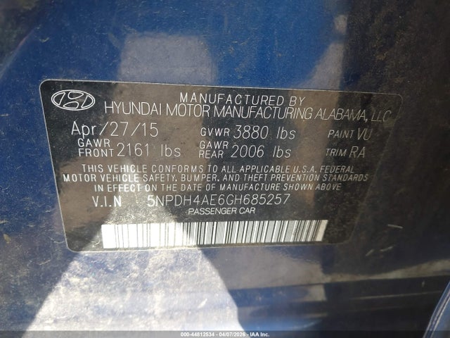 5NPDH4AE6GH685257 Hyundai ELANTRA SE