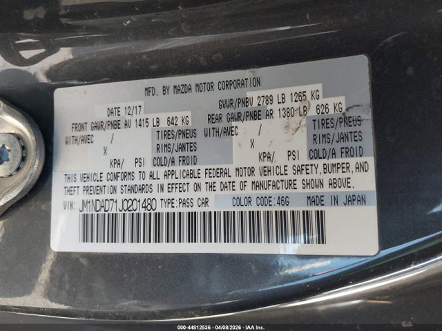 Aukcja sprzedaży 2018 Mazda Mx-5 Miata Grand Touring, vin: JM1NDAD71J0201480, numer aukcji: 44812536