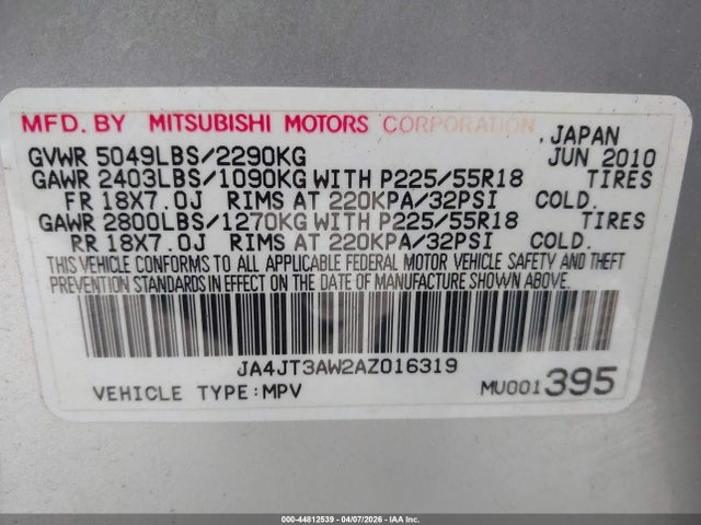 Aukcja sprzedaży 2010 Mitsubishi Outlander Se, vin: JA4JT3AW2AZ016319, numer aukcji: 44812539