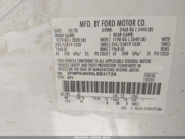 Продаж на аукціоні авто 2020 Ford Edge Titanium, vin: 2FMPK4K90LBB31729, номер лоту: 44812542