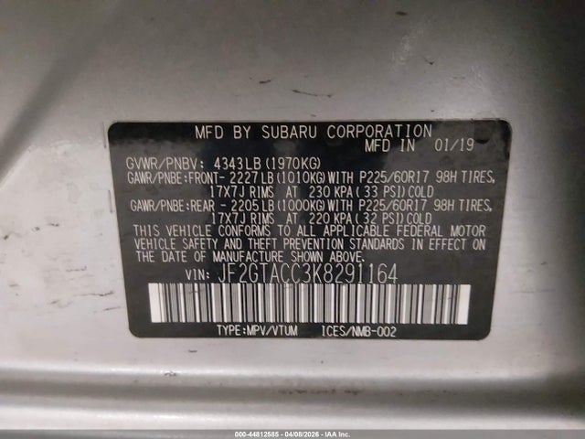 2019 Subaru Crosstrek 2.0i Premium მანქანა იყიდება აუქციონზე, vin: JF2GTACC3K8291164, აუქციონის ნომერი: 44812585