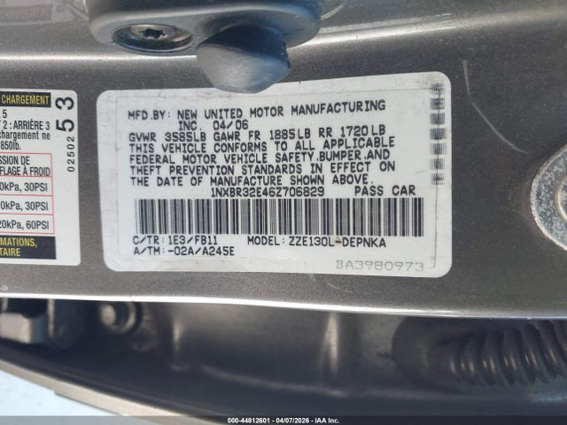 Aukcja sprzedaży 2006 Toyota Corolla Le, vin: 1NXBR32E46Z706829, numer aukcji: 44812601