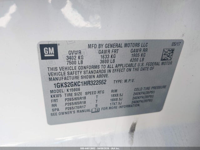 1GKS2GKC1HR322662 GMC Yukon Xl Slt