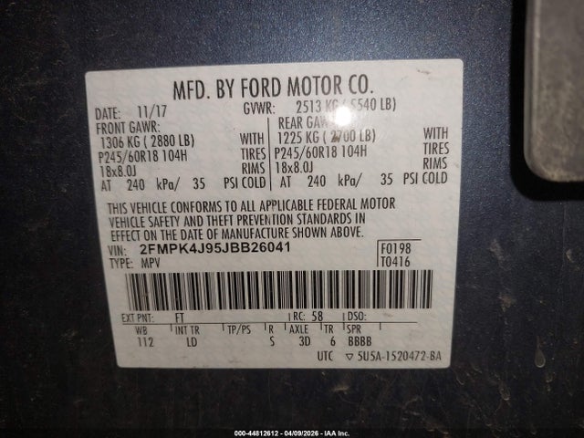 Auction sale of the 2018 Ford Edge Sel, vin: 2FMPK4J95JBB26041, lot number: 44812612