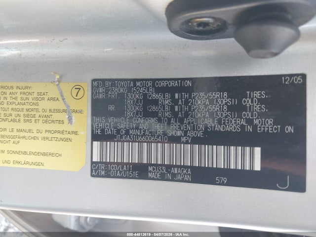 44812619 :رقم المزاد ، JTJGA31U660065410 vin ، 2006 Lexus Rx 330 مزاد بيع