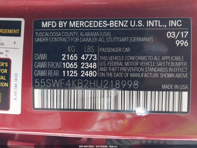 44812622 :رقم المزاد ، 55SWF4KB2HU218998 vin ، 2017 Mercedes-benz C 300 4matic مزاد بيع