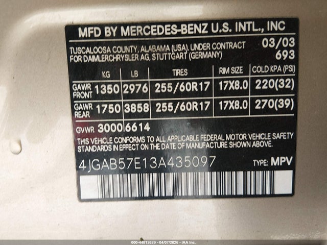 Aukcja sprzedaży 2003 Mercedes-benz Ml 350, vin: 4JGAB57E13A435097, numer aukcji: 44812629