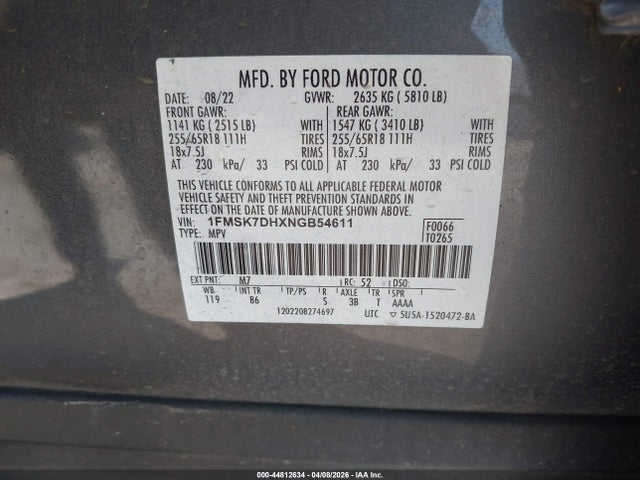 Aukcja sprzedaży 2022 Ford Explorer Xlt, vin: 1FMSK7DHXNGB54611, numer aukcji: 44812634