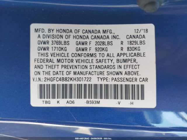 2019 Honda Civic Sport მანქანა იყიდება აუქციონზე, vin: 2HGFC4B82KH301722, აუქციონის ნომერი: 44812642
