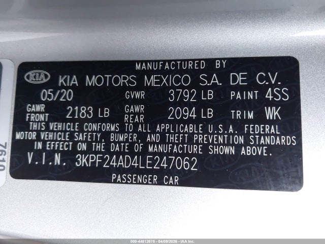 KIA Forte Lxs 2020 3KPF24AD4LE247062 Image 9