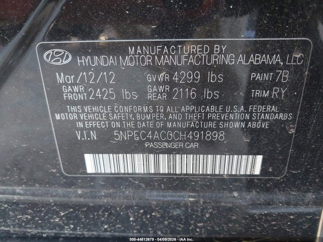 2012 Hyundai Sonata Limited მანქანა იყიდება აუქციონზე, vin: 5NPEC4AC0CH491898, აუქციონის ნომერი: 44812679
