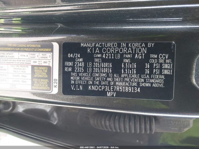 44812681 :رقم المزاد ، KNDCP3LE7R5189134 vin ، 2024 Kia Niro Lx مزاد بيع