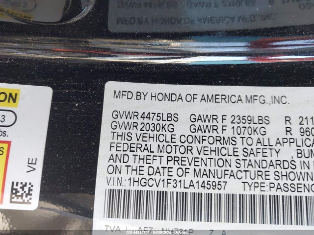 Продажа на аукционе авто 2020 Honda Accord Sport, vin: 1HGCV1F31LA145957, номер лота: 44812701