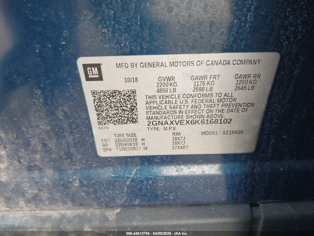 44812705 :رقم المزاد ، 2GNAXVEX6K6168102 vin ، 2019 Chevrolet Equinox Lt مزاد بيع