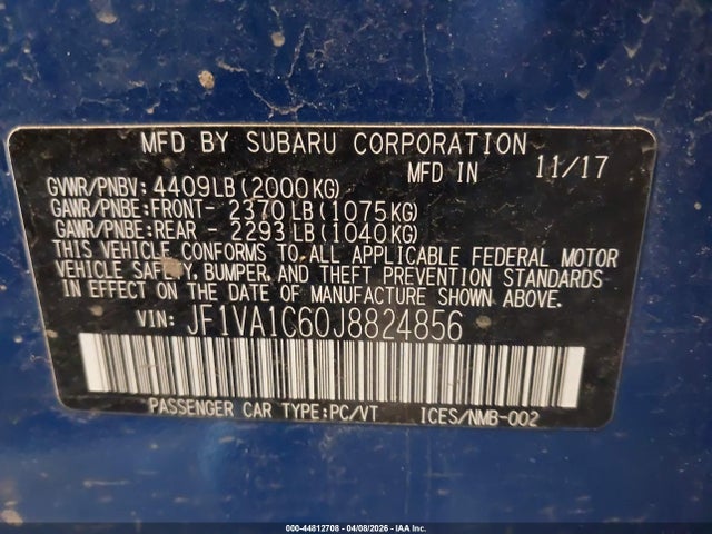 Aukcja sprzedaży 2018 Subaru Wrx Premium, vin: JF1VA1C60J8824856, numer aukcji: 44812708