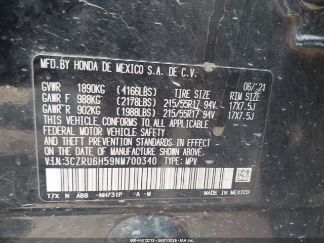 3CZRU6H59NM700340 Honda Hr-v Awd Ex