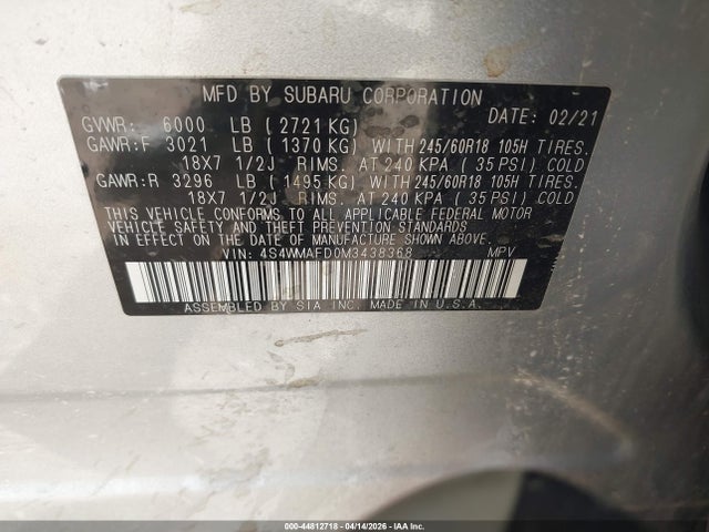 Продажа на аукционе авто 2021 Subaru Ascent Premium, vin: 4S4WMAFD0M3438368, номер лота: 44812718