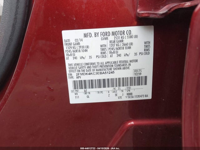 2014 Ford Edge Limited მანქანა იყიდება აუქციონზე, vin: 2FMDK4KC3EBA51245, აუქციონის ნომერი: 44812722