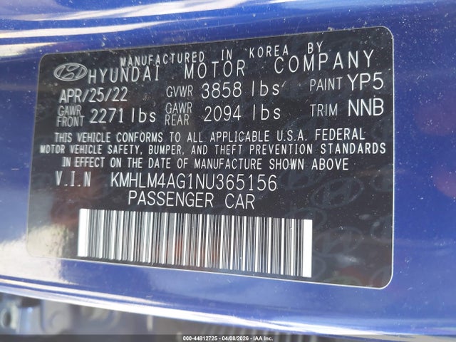 KMHLM4AG1NU365156 Hyundai ELANTRA SEL