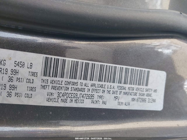 Aukcja sprzedaży 2018 Dodge Journey Gt, vin: 3C4PDCEG9JT472695, numer aukcji: 44812726