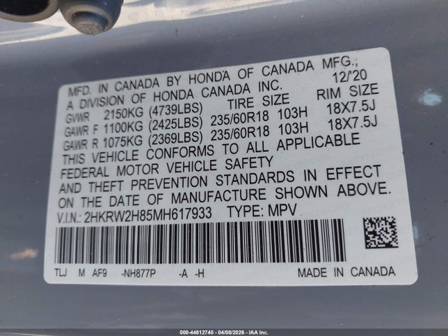 2HKRW2H85MH617933 Honda Cr-v Awd Ex-l