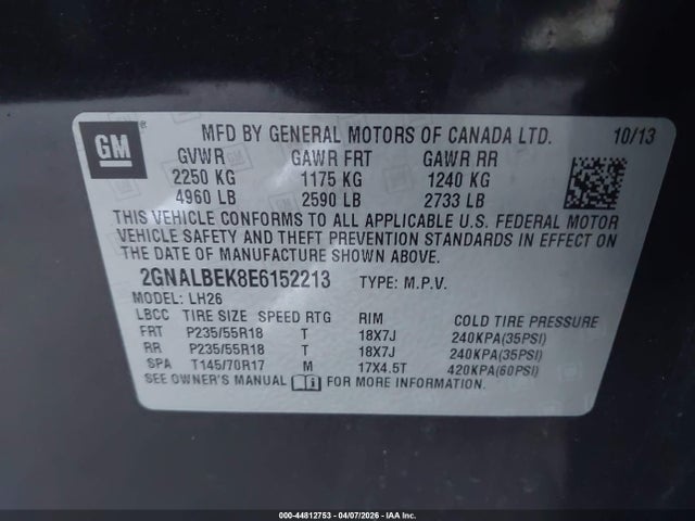 Chevrolet EQUINOX 1LT 2014 2GNALBEK8E6152213 Image 9