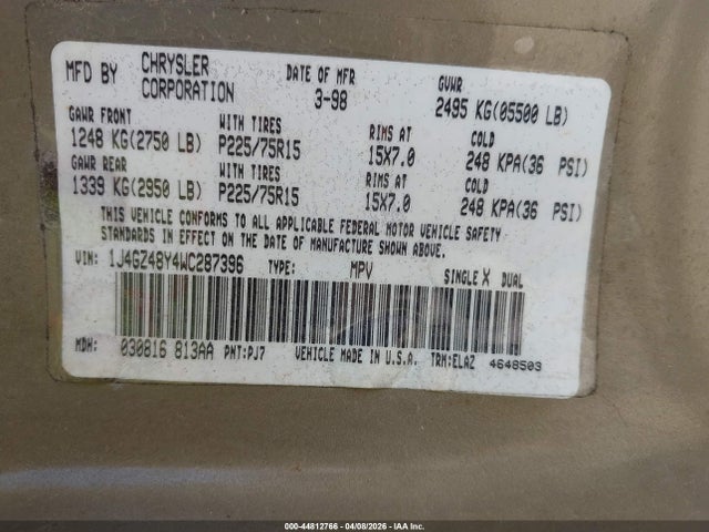 44812766 :رقم المزاد ، 1J4GZ48Y4WC287396 vin ، 1998 Jeep Grand Cherokee Laredo مزاد بيع