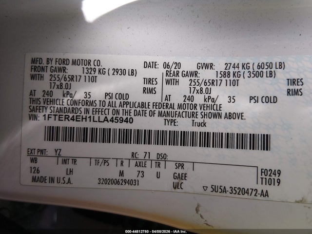 Aukcja sprzedaży 2020 Ford Ranger Xlt, vin: 1FTER4EH1LLA45940, numer aukcji: 44812780