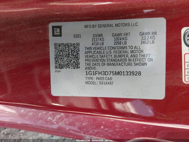 Aukcja sprzedaży 2021 Chevrolet Camaro Rwd  2ss, vin: 1G1FH3D75M0133928, numer aukcji: 44812789