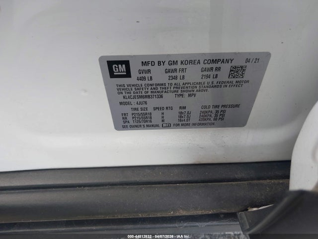 Aukcja sprzedaży 2021 Buick Encore Awd Preferred, vin: KL4CJESM6MB371336, numer aukcji: 44812832