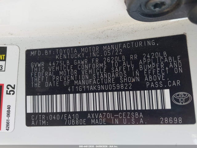 Продажа на аукционе авто 2022 Toyota Camry Se, vin: 4T1G11AK9NU059822, номер лота: 44812835