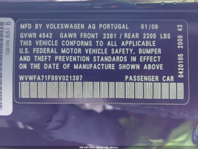 44812845 :رقم المزاد ، WVWFA71F99V021397 vin ، 2009 Volkswagen Eos Lux مزاد بيع