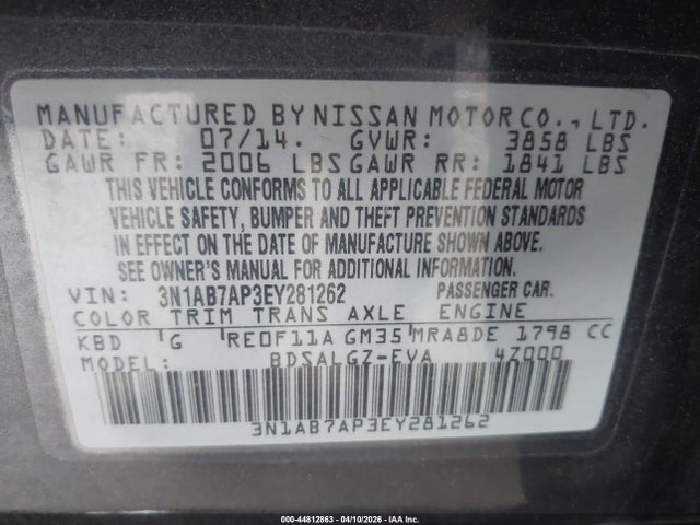 Продаж на аукціоні авто 2014 Nissan Sentra Sl, vin: 3N1AB7AP3EY281262, номер лоту: 44812863