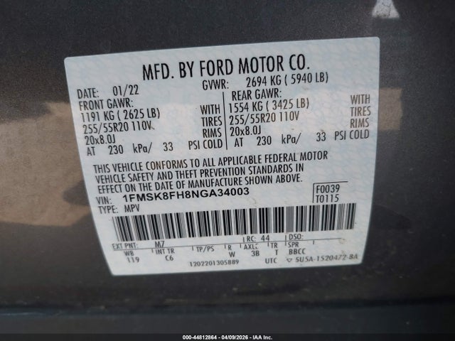Продаж на аукціоні авто 2022 Ford Explorer Limited, vin: 1FMSK8FH8NGA34003, номер лоту: 44812864
