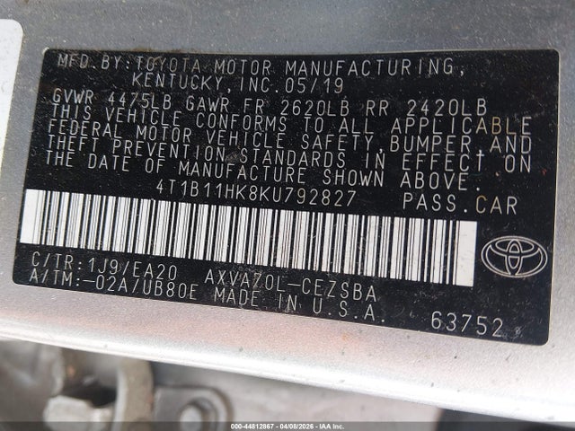 4T1B11HK8KU792827 Toyota CAMRY SE