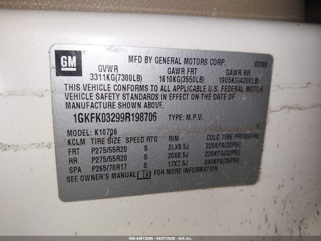 44812868 :رقم المزاد ، 1GKFK03299R198706 vin ، 2009 Gmc Yukon Denali مزاد بيع