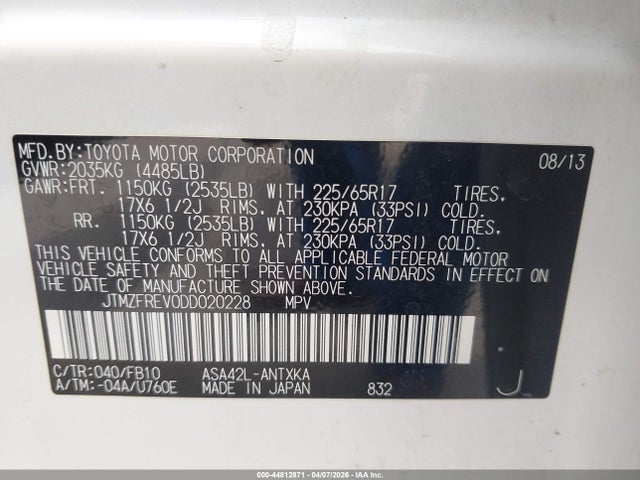 Продаж на аукціоні авто 2013 Toyota Rav4 Le, vin: JTMZFREV0DD020228, номер лоту: 44812871