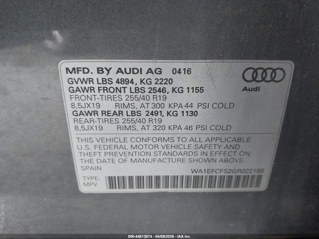 44812874 :رقم المزاد ، WA1EFCFS2GR022189 vin ، 2016 Audi Q3 2.0t Premium Plus مزاد بيع