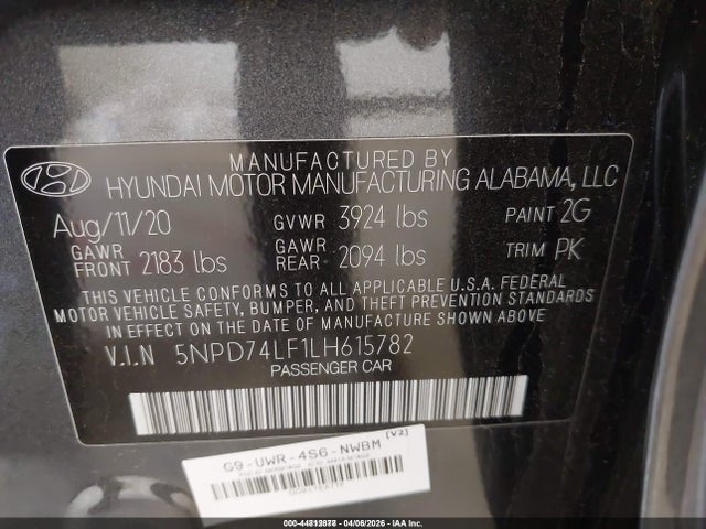 5NPD74LF1LH615782 Hyundai ELANTRA SE