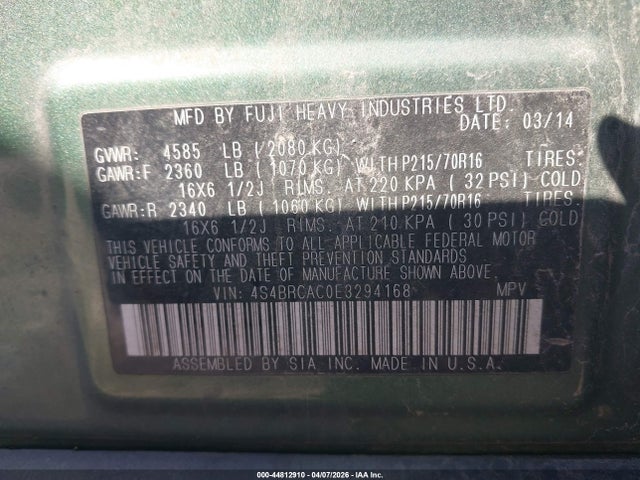 Aukcja sprzedaży 2014 Subaru Outback 2.5i, vin: 4S4BRCAC0E3294168, numer aukcji: 44812910