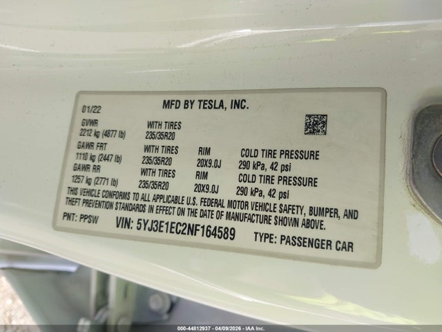 44812937 :رقم المزاد ، 5YJ3E1EC2NF164589 vin ، 2022 Tesla Model 3 Performance Dual Motor All-wheel Drive مزاد بيع