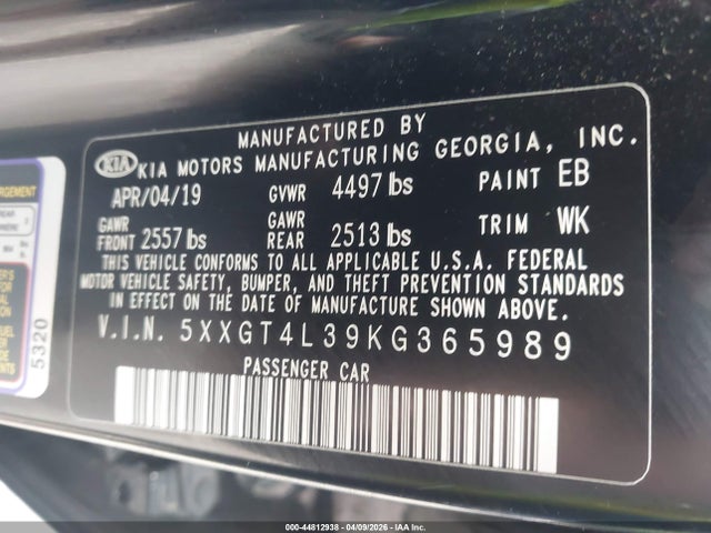 2019 Kia Optima S მანქანა იყიდება აუქციონზე, vin: 5XXGT4L39KG365989, აუქციონის ნომერი: 44812938