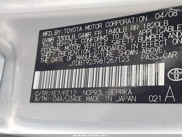44812948 :رقم المزاد ، JTDBT923981267123 vin ، 2008 Toyota Yaris مزاد بيع