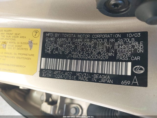 44812952 :رقم المزاد ، JTHBA30G240009209 vin ، 2004 Lexus Es 330 مزاد بيع