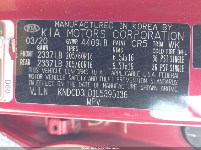 44812953 :رقم المزاد ، KNDCD3LD1L5395136 vin ، 2020 Kia Niro Plug-in Hybrid Ex مزاد بيع
