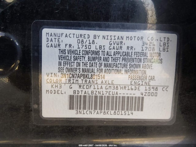 Aukcja sprzedaży 2019 Nissan Versa 1.6 Sv, vin: 3N1CN7AP8KL801514, numer aukcji: 44812957