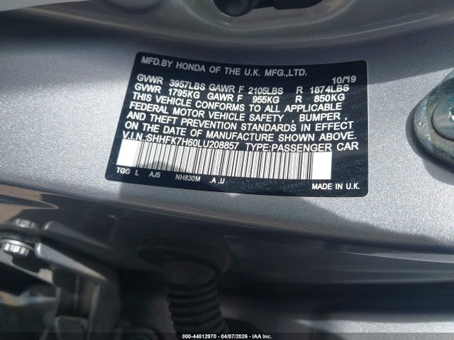 Aukcja sprzedaży 2020 Honda Civic Ex, vin: SHHFK7H60LU208857, numer aukcji: 44812970