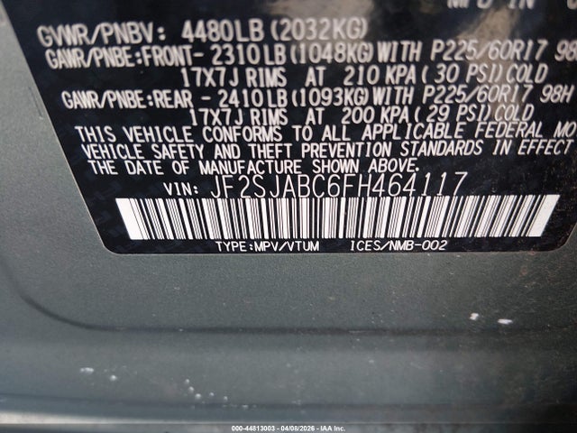 Продажа на аукционе авто 2015 Subaru Forester 2.5i, vin: JF2SJABC6FH464117, номер лота: 44813003