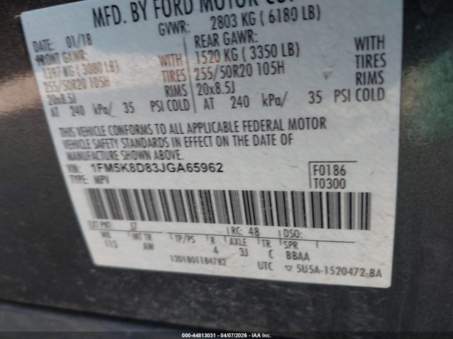 Auction sale of the 2018 Ford Explorer Xlt, vin: 1FM5K8D83JGA65962, lot number: 44813031