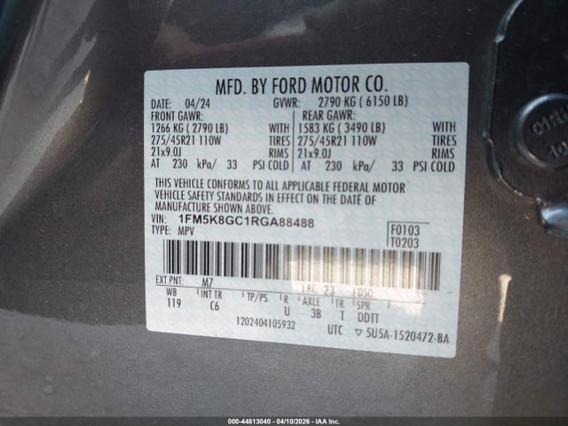 Aukcja sprzedaży 2024 Ford Explorer St, vin: 1FM5K8GC1RGA88488, numer aukcji: 44813040